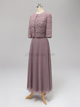 A-Line Round Neck Floor-length Unique Lace Formal Bridesmaid Dresses with Coat, Wedding Guest Dresses LMX1115