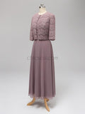 A-Line Round Neck Floor-length Unique Lace Formal Bridesmaid Dresses with Coat, Wedding Guest Dresses LMX1115
