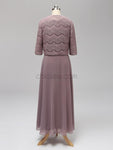 A-Line Round Neck Floor-length Unique Lace Formal Bridesmaid Dresses with Coat, Wedding Guest Dresses LMX1115