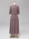 A-Line Round Neck Floor-length Unique Lace Formal Bridesmaid Dresses with Coat, Wedding Guest Dresses LMX1115