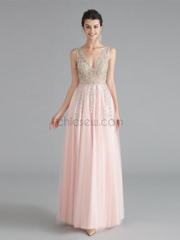 A-line Beaded Custom V-Neck Elegant Pink Sleeveless Long Prom Dresses, Evening dress LMX1181