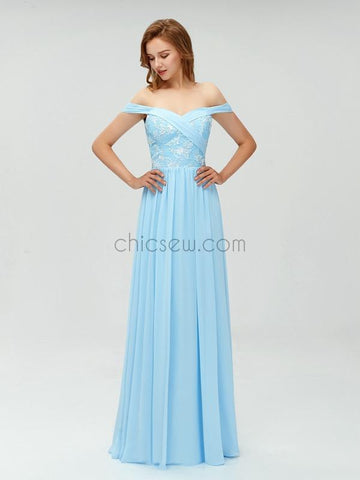 A-line Blue Off the Shoulder Long Cheap Prom Dress, Elegant Bridesmaid Dresses LMX1102