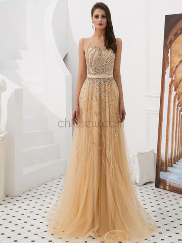 A-line Charming Champagne Sequin GlitterSparkly  Sleeveless Prom Dresses,Long Evening Dresses LMX1126