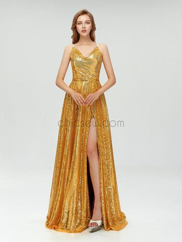 A-line Spaghetti Straps Gold Sparkly Sequin Side Slit Long Prom Dresses, Party Dress LMX1125