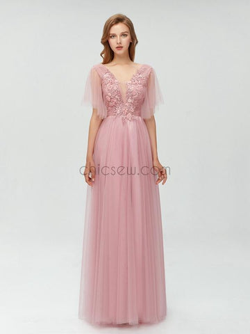 A-line Tulle Long Cheap Modest Prom Dress with Appliques,Newest Bridesmaid Dresses LMX1104