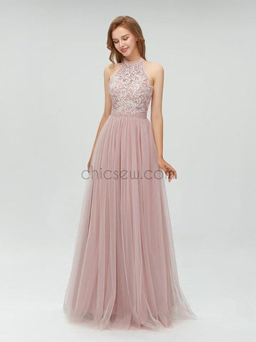 A-line Tulle Top Lace Halter Pretty Floor-length Modest Prom Dress, Popular Bridesmaid Dresses LMX1105