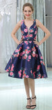 A-line V-Neck Flower Satin Modest Cheap Homecoming Dresses, Short Prom Dress  LMX1164