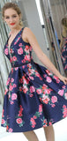 A-line V-Neck Flower Satin Modest Cheap Homecoming Dresses, Short Prom Dress  LMX1164