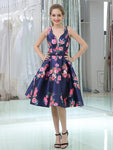 A-line V-Neck Flower Satin Modest Cheap Homecoming Dresses, Short Prom Dress  LMX1164