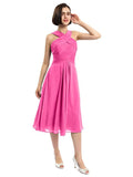 A-line Sleeveless Criss-cross Halter Tea-length Bridesmaid Dresses