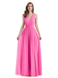 A-Line Sleeveless Pleats Chiffon Cheap Long Bridesmaid Dresses