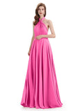 Simple A-Line High Neck Pleats Chiffon Floor Length Bridesmaid Dresses