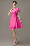 Popular A-line Chiffon One Shoulder Ruffle Sleeves Short Bridesmaid Dresses