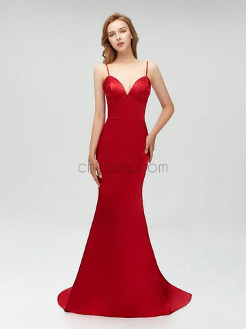 Backless Tight Red Sexy Spaghetti Straps Mermaid Sparkly Long Prom Dresses,Simple Party Dress LMX1106
