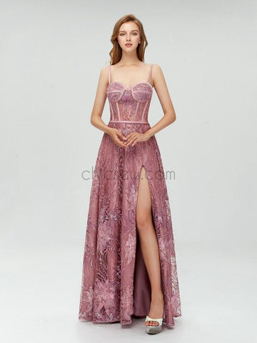Beautiful Unique Design Lace Applique Spaghetti Straps Side Slit Long Prom Dresses LMX1107