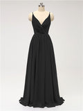 A-line Spaghetti Straps V Neck Chiffon Floor Length Bridesmaid Dresses