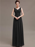 Simple V-Neck Pleats Chiffon Long Bridesmaid Dresses