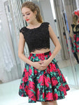 Black Short Two Pieces Freshman Cheap Simple Modest Homecoming Dresses with bead and lace LMX1166
