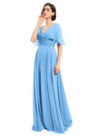 A-line V-neck Cap Sleeves Sleeves Chiffon Long Bridesmaid Dresses