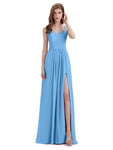 Simple V-neck Chiffon Floor-Length Side Slit Long Bridesmaid Dresses