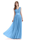 Elegant A-Line V-Neck Lace Chiffon Long Bridesmaid Dresses