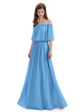 Simple A-Line Off The Shoulder Chiffon Long Bridesmaid Dresses