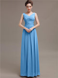 Simple V-Neck Pleats Chiffon Long Bridesmaid Dresses