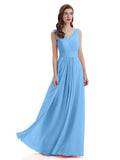 A-Line V-Neck Pleats Chiffon Long Bridesmaid Dresses