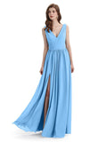 A-Line V-Neck Sleeveless Split Side Chiffon Long Bridesmaid Dresses