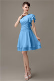 Popular A-line Chiffon One Shoulder Ruffle Sleeves Short Bridesmaid Dresses