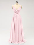 A-line Spaghetti Straps V Neck Chiffon Floor Length Bridesmaid Dresses