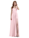 Simple V-neck Chiffon Floor-Length Side Slit Long Bridesmaid Dresses