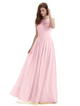 A-Line Round Neck Lace Pleats Floor Length Bridesmaid Dresses