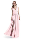 A-Line V-Neck Sleeveless Split Side Chiffon Long Bridesmaid Dresses