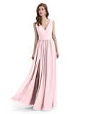 A-Line V-Neck Sleeveless Split Side Chiffon Long Bridesmaid Dresses