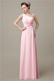 Simple A-line Chiffon One Shoulder Floor-Length Long Bridesmaid Dresses.