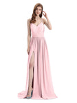 Spaghetti Straps A-line Chiffon Side Slit Long Bridesmaid Dresses