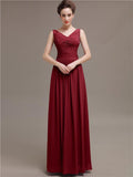 Simple V-Neck Pleats Chiffon Long Bridesmaid Dresses