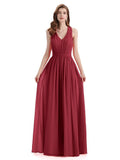 A-Line Sleeveless Pleats Chiffon Cheap Long Bridesmaid Dresses