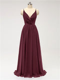 A-line Spaghetti Straps V Neck Chiffon Floor Length Bridesmaid Dresses