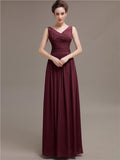 Simple V-Neck Pleats Chiffon Long Bridesmaid Dresses