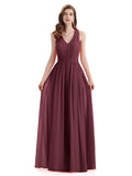 A-Line Sleeveless Pleats Chiffon Cheap Long Bridesmaid Dresses