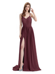 Spaghetti Straps A-line Chiffon Side Slit Long Bridesmaid Dresses