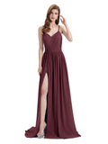 Spaghetti Straps A-line Chiffon Side Slit Long Bridesmaid Dresses