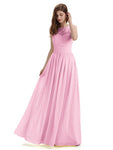 A-Line Round Neck Lace Pleats Floor Length Bridesmaid Dresses