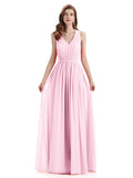 A-Line Sleeveless Pleats Chiffon Cheap Long Bridesmaid Dresses