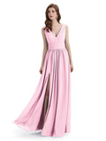 A-Line V-Neck Sleeveless Split Side Chiffon Long Bridesmaid Dresses