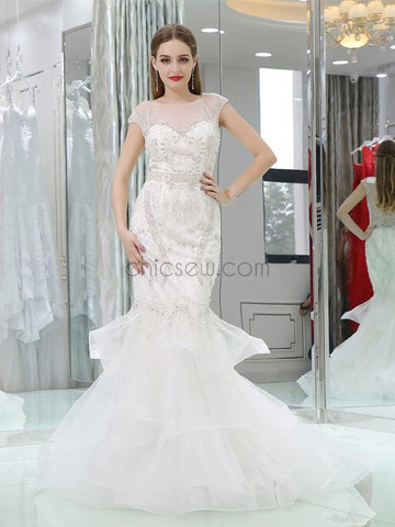 Cap Sleeveless Unique Design Mermaid Elegant Formal Long Prom Dresses With Beads LMX1153