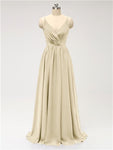 A-line Spaghetti Straps V Neck Chiffon Floor Length Bridesmaid Dresses