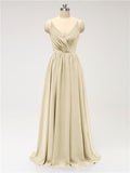 A-line Spaghetti Straps V Neck Chiffon Floor Length Bridesmaid Dresses